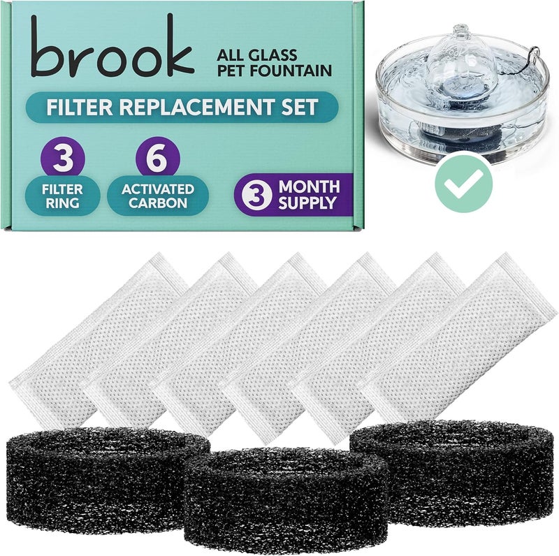 Brook Glass Pet Fountain Filter Replacement Set – 3 Filter Rings & 6 Activated Carbon Pouches – 3 Month Supply Replacement Filters Set for Cat Fountain - Image 1
